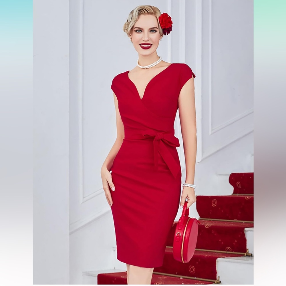 MUXXN Women's Vintage 1950s Style Wrap V Neck Tie Waist Formal Cocktail Dress